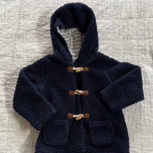 Baby Biden Navy Toggle Hooded Fleece Jacket with gray stripe lining. Sz 2-3 yrs